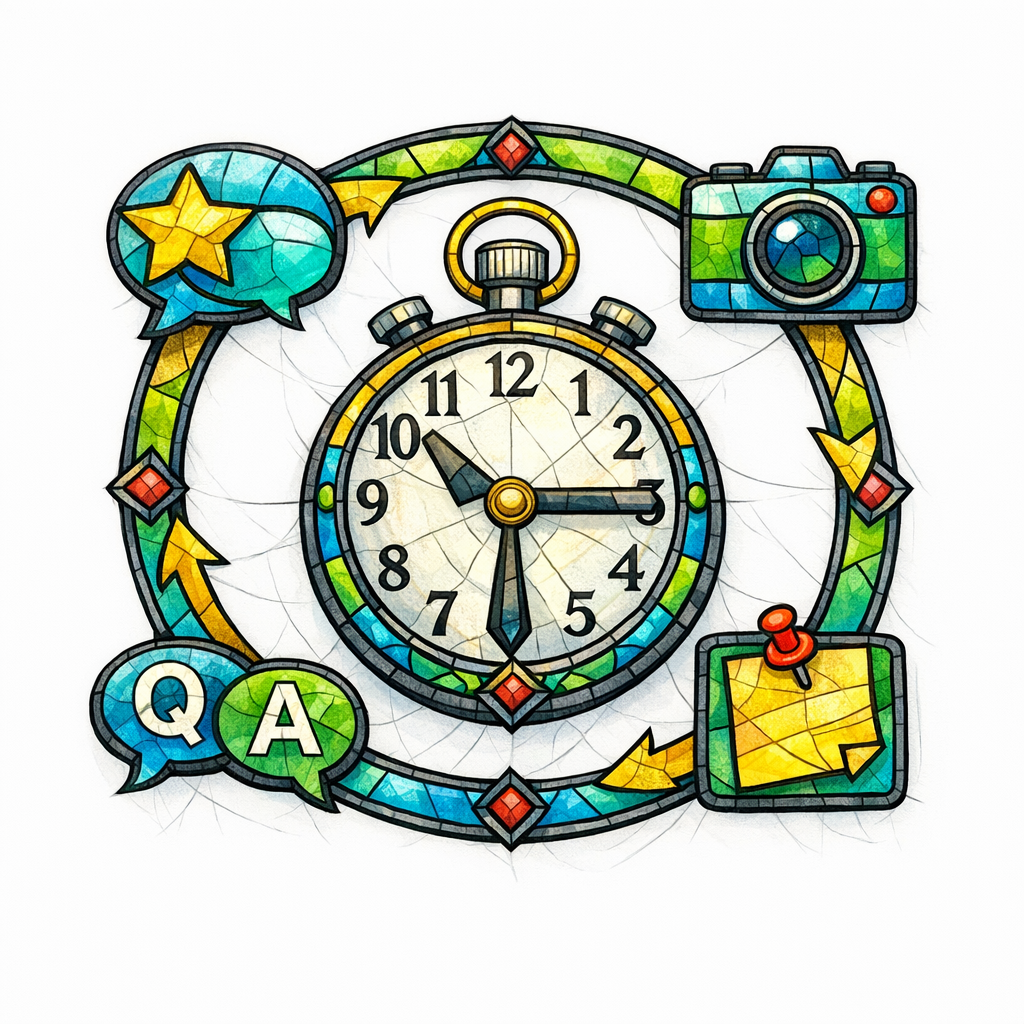 A stained-glass stopwatch encircled by four icons for reviews, photos, posts, and Q&A in a simple loop.