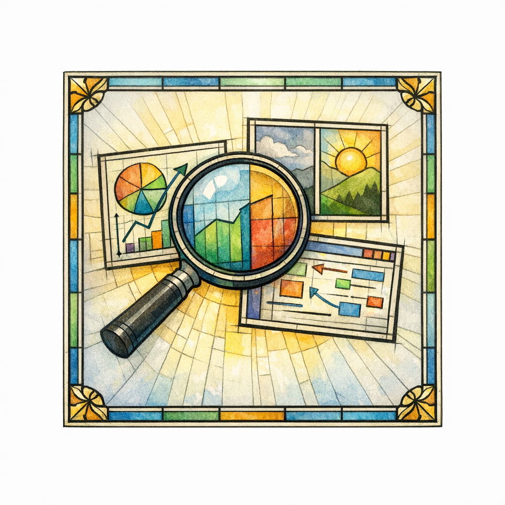 A stained glass magnifying lens hovers over diagrams, photos, and annotated proof panels.