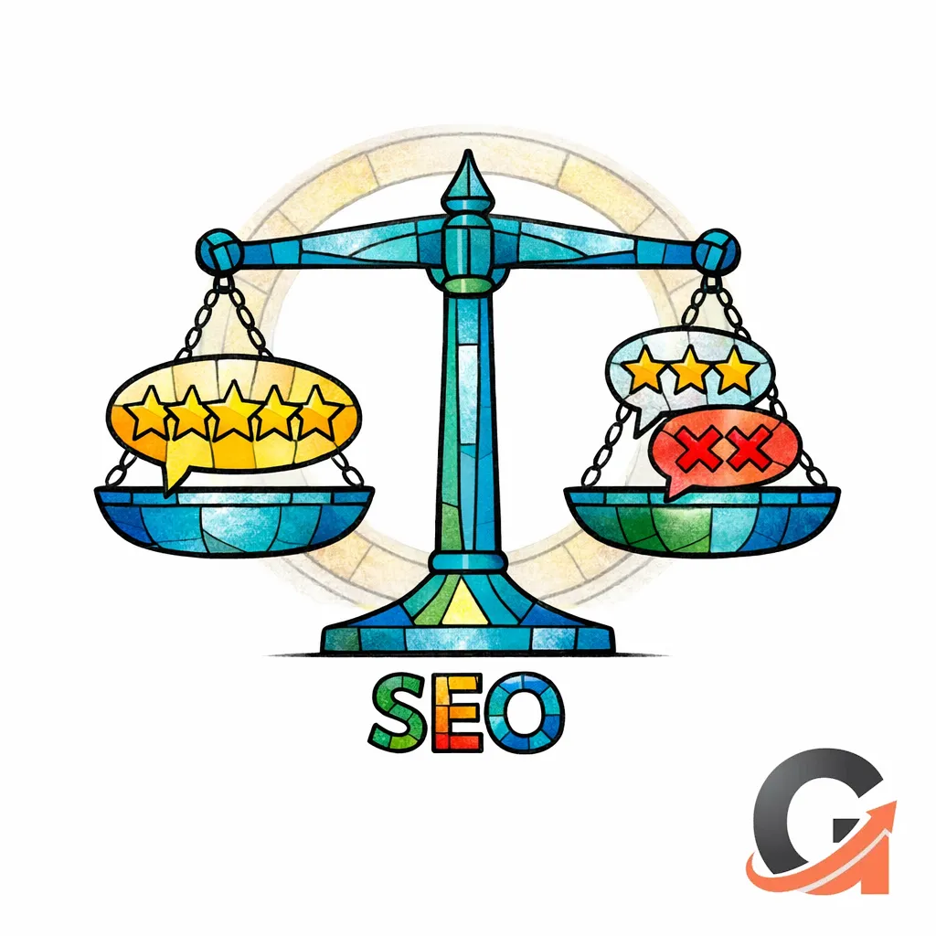 A scale balances positive and negative reviews to represent trust and higher conversions.