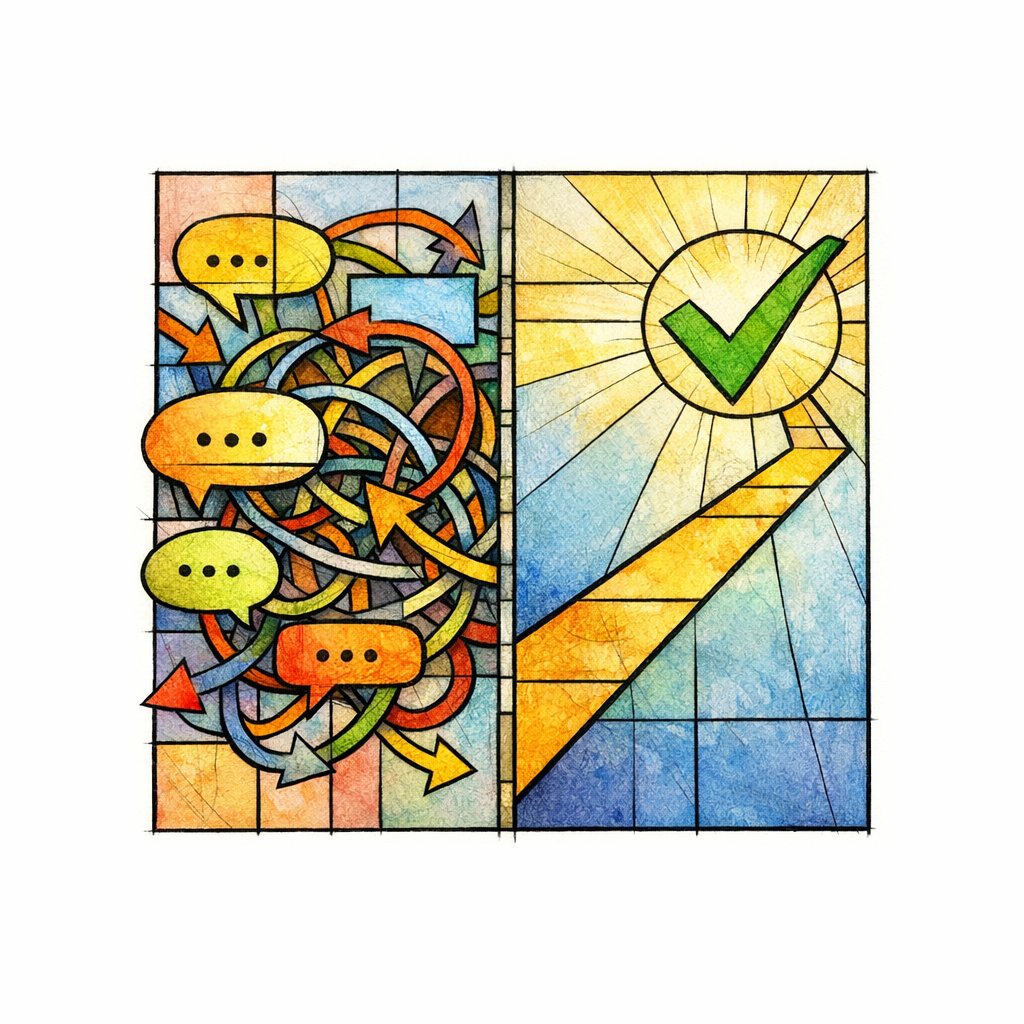 A tangled stained-glass knot contrasts with a clean straight governance path to show efficient process design.