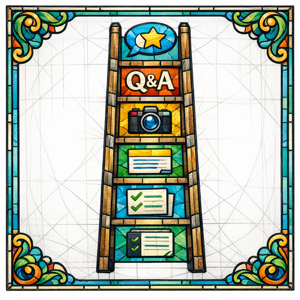A stained-glass ladder with rungs labeled by icons for foundation, posts, photos, Q&A, and review replies.