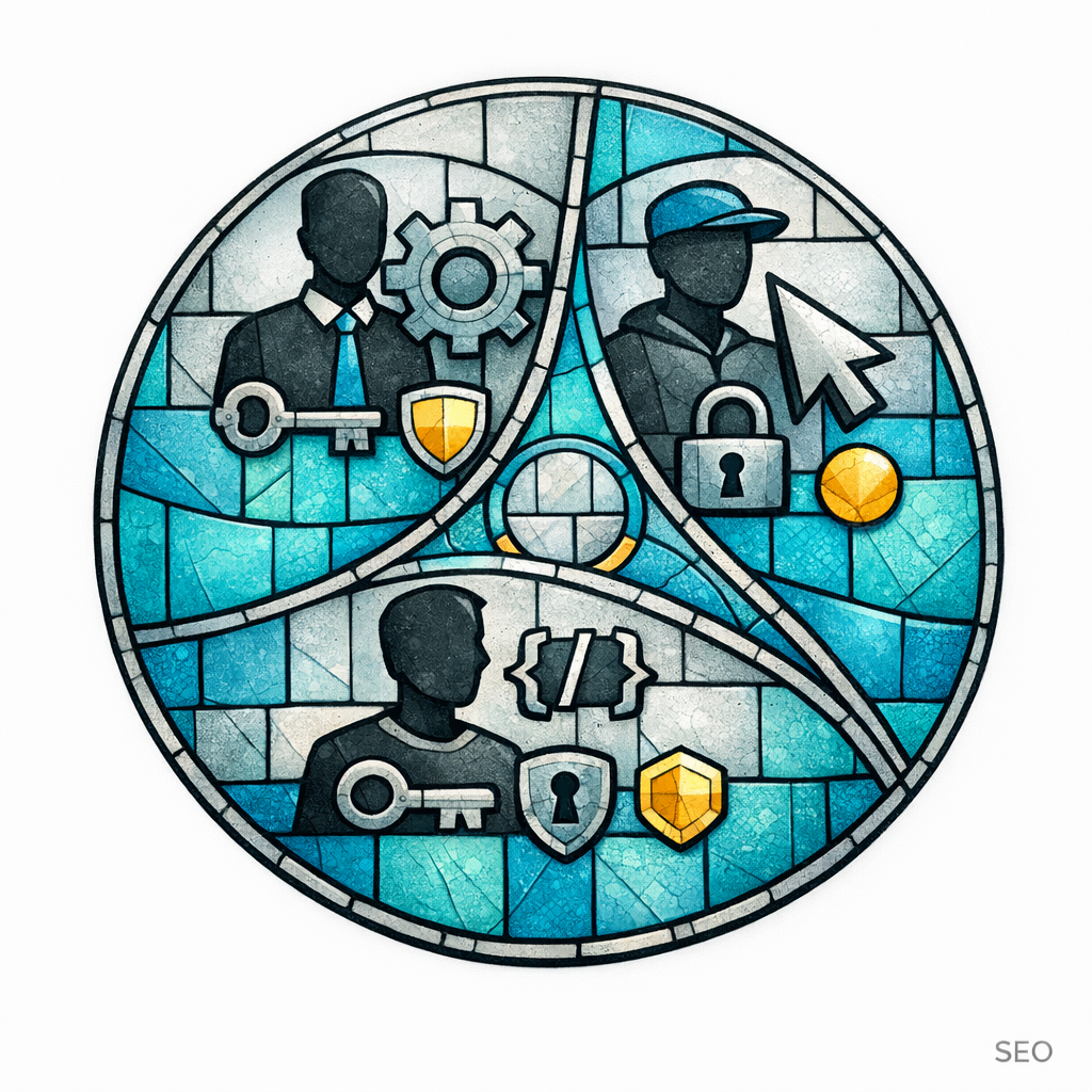 A stained-glass figure icons with keys and plan badges show how to specify who is affected in updates.