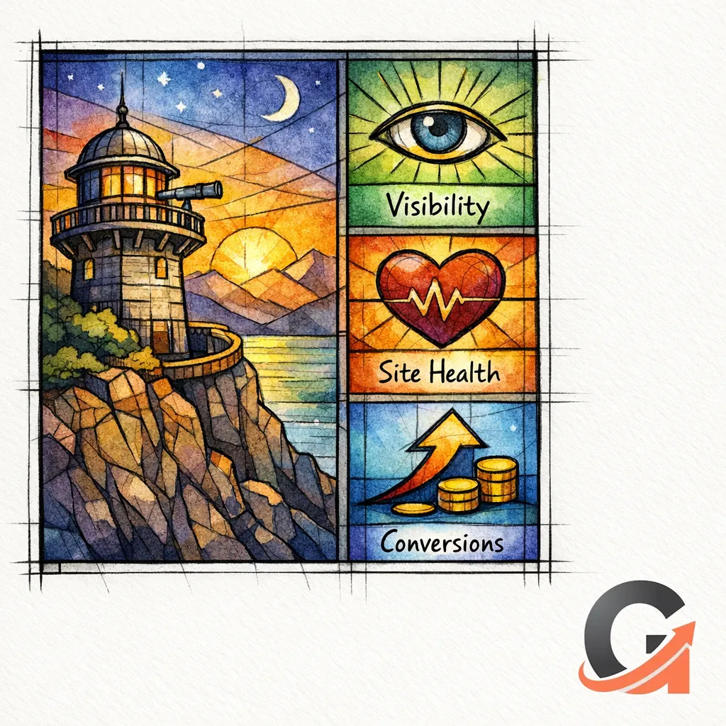 A stained-glass watchtower monitors rankings, crawl health, and leads after a migration.