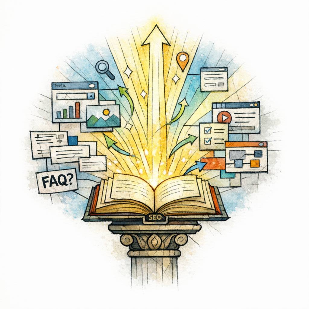 A stained glass open book glows with page clusters, linking paths, and search symbols.