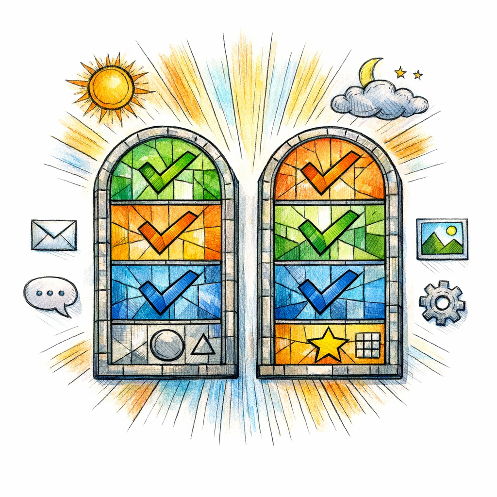 A pair of stained glass tablets display a symbolic checklist for disciplined repurposing.