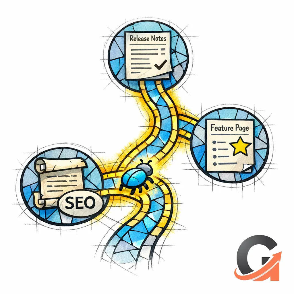 A stained-glass path of chain links forms a clean route for crawlers from hub to updates to features.