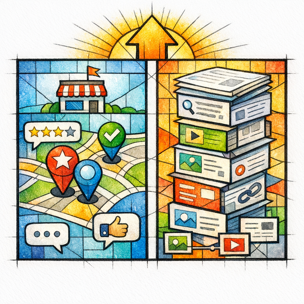 A stained glass split panel pairs local visibility with scaled content coverage.