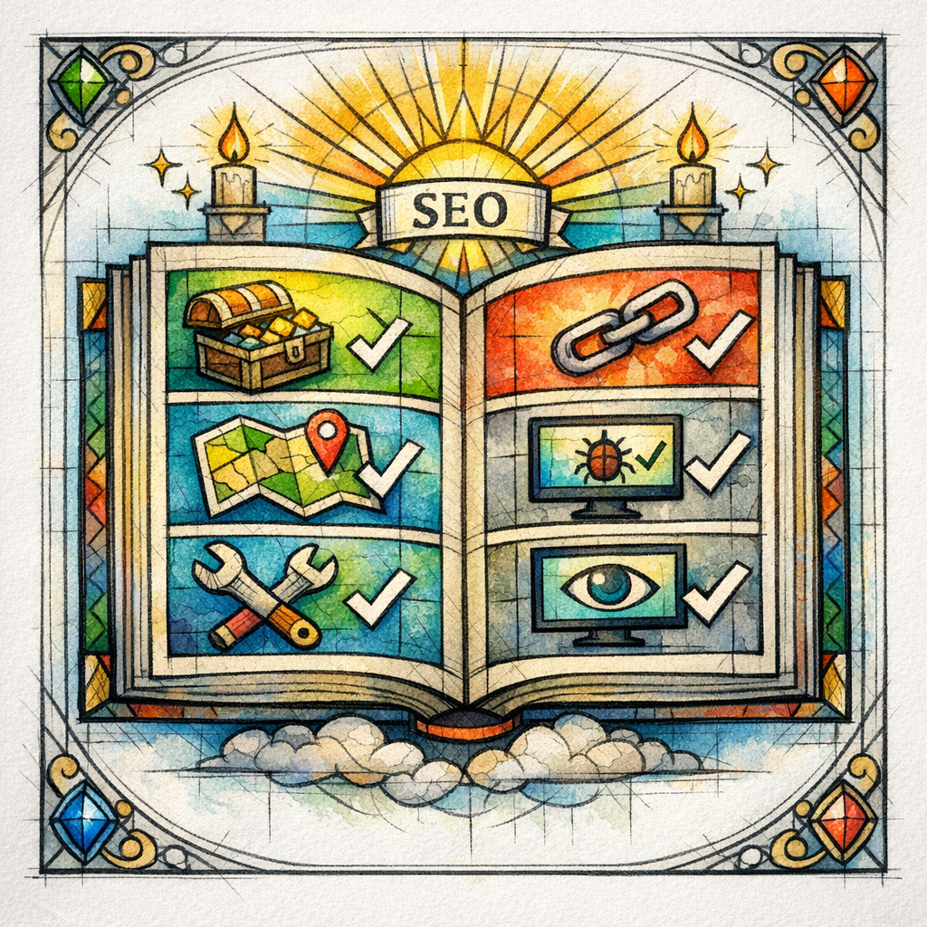 A holy-looking stained-glass checklist lays out the key redirect steps in a playful guide format.