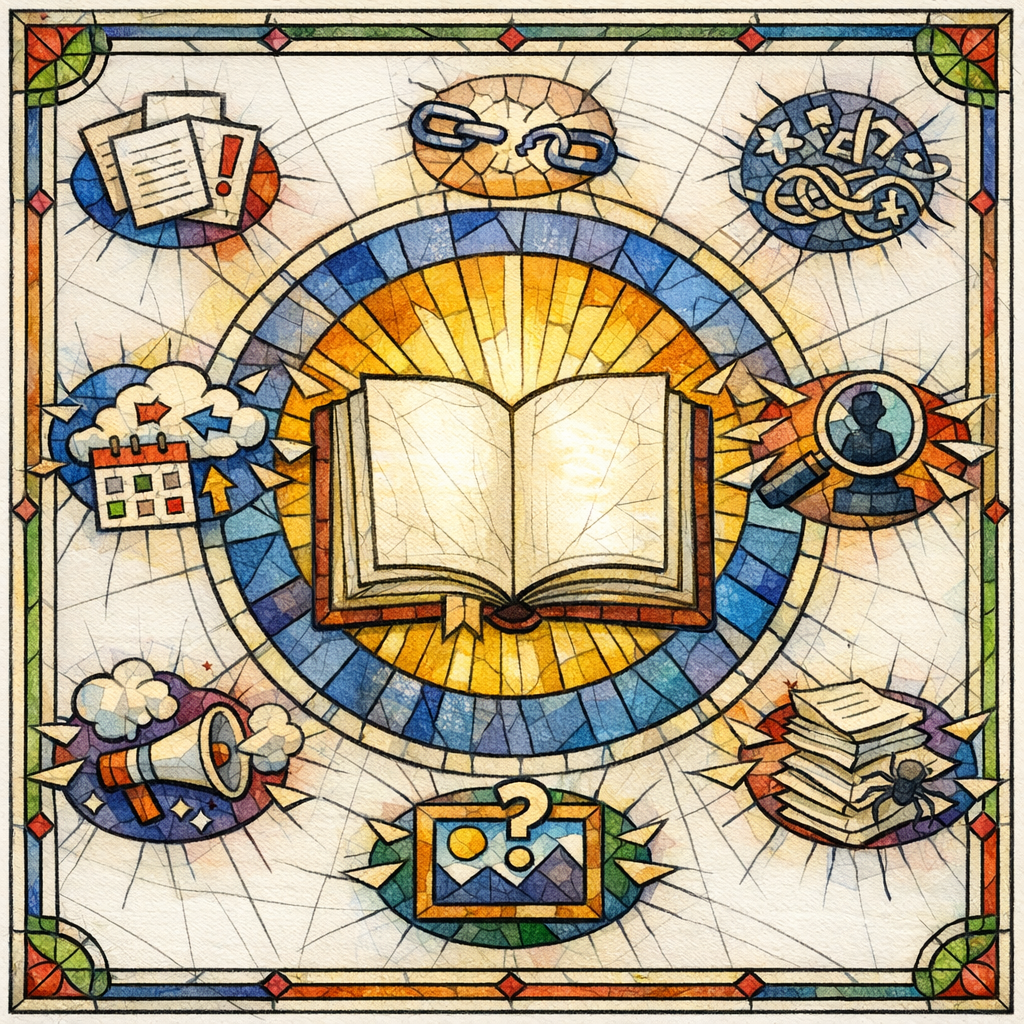 A stained glass haloed page escapes seven small chaotic traps around the edges.
