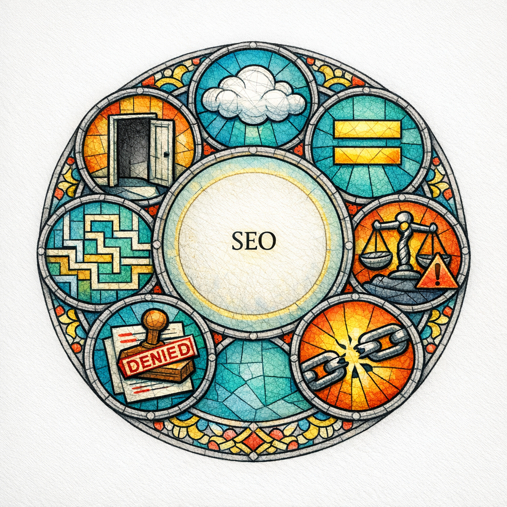 Seven small stained-glass icons depict common FAQ hub mistakes arranged around a warning halo.