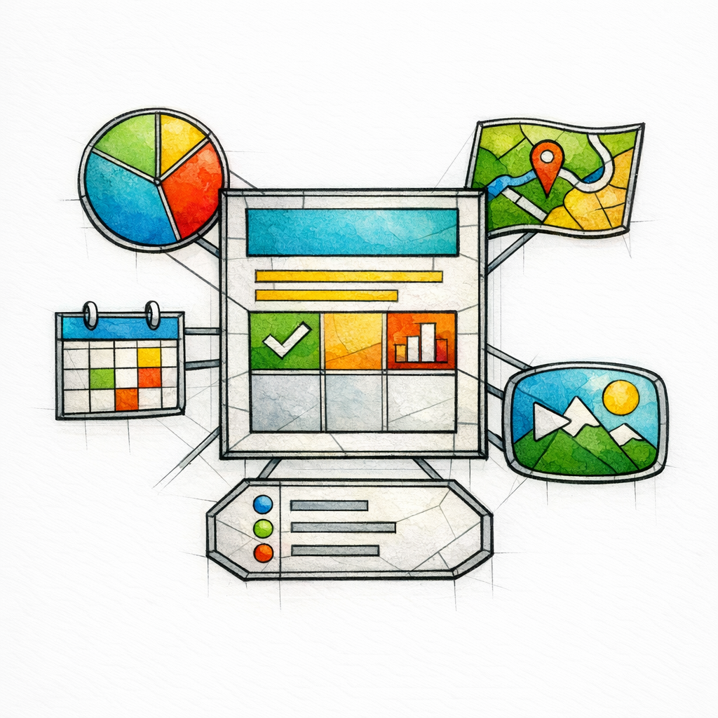A stained-glass page template opens into unique sections, showing structure without cookie-cutter sameness.
