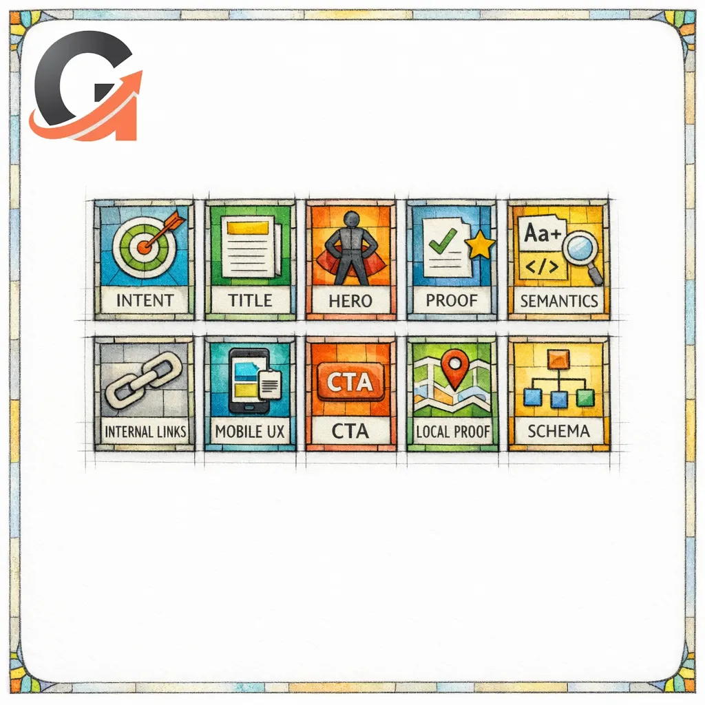 Ten small stained-glass panels summarize the essential rules of revenue page optimization.