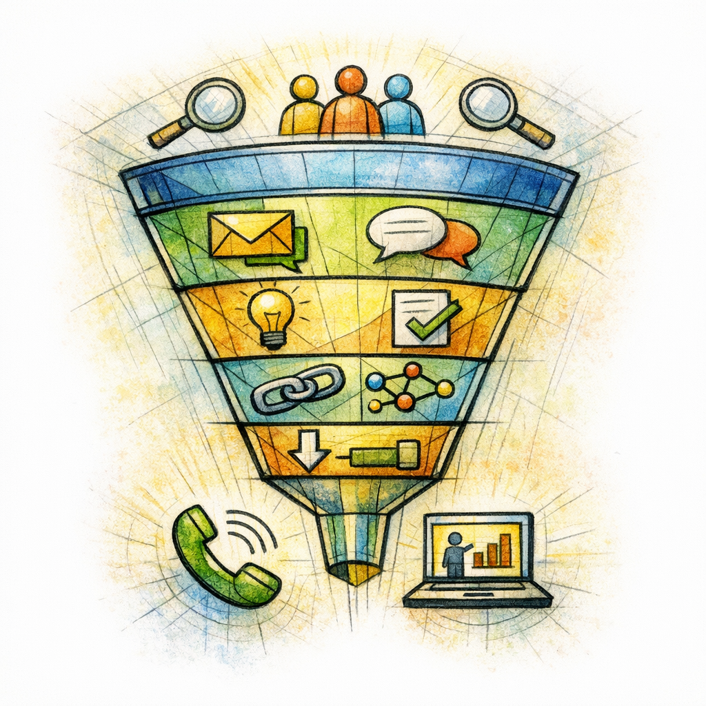 Search traffic narrows through proof and page clarity into calls and demo requests.
