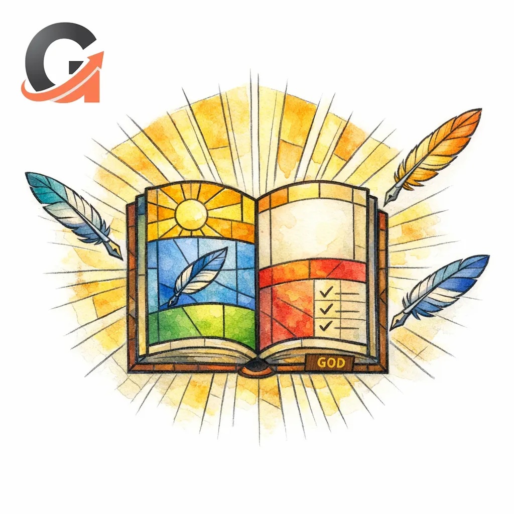 A glowing stained-glass handbook passes standards to new quills entering the content pipeline.