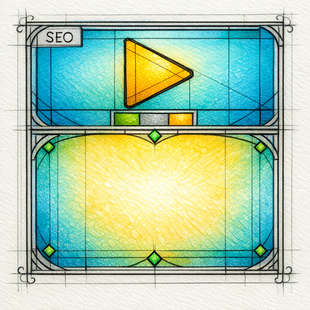 A stained-glass video frame sits above a concise answer pane, suggesting simple helpful FAQ videos.