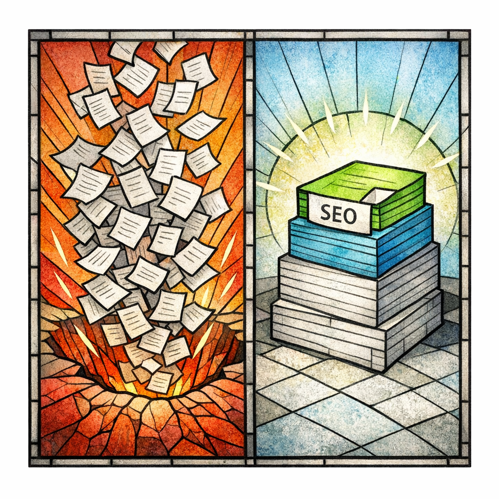 A stained-glass landscape shows a crater formed by many thin pages, contrasted with a small stack of sturdy pages.