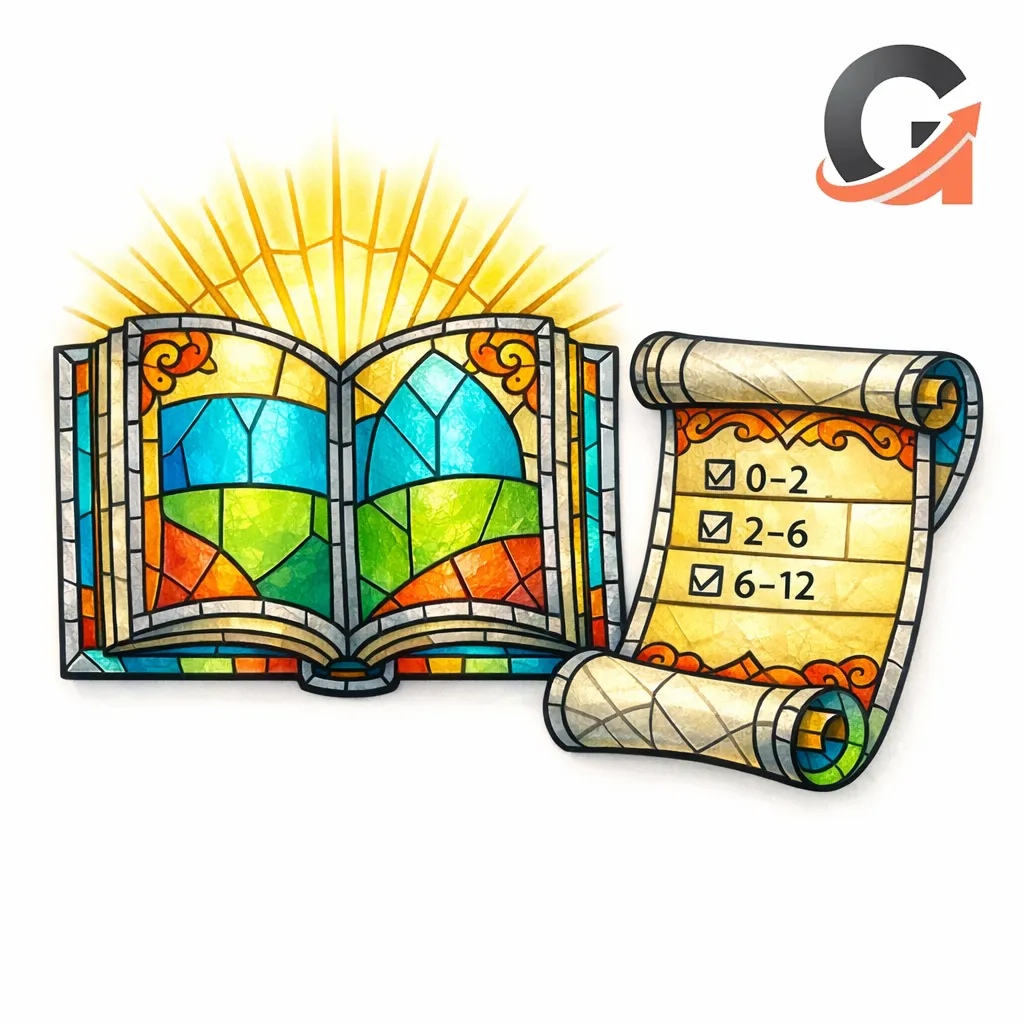 A stained-glass open book and scroll depict a copy-paste-ready 48-hour checklist without heavy text.