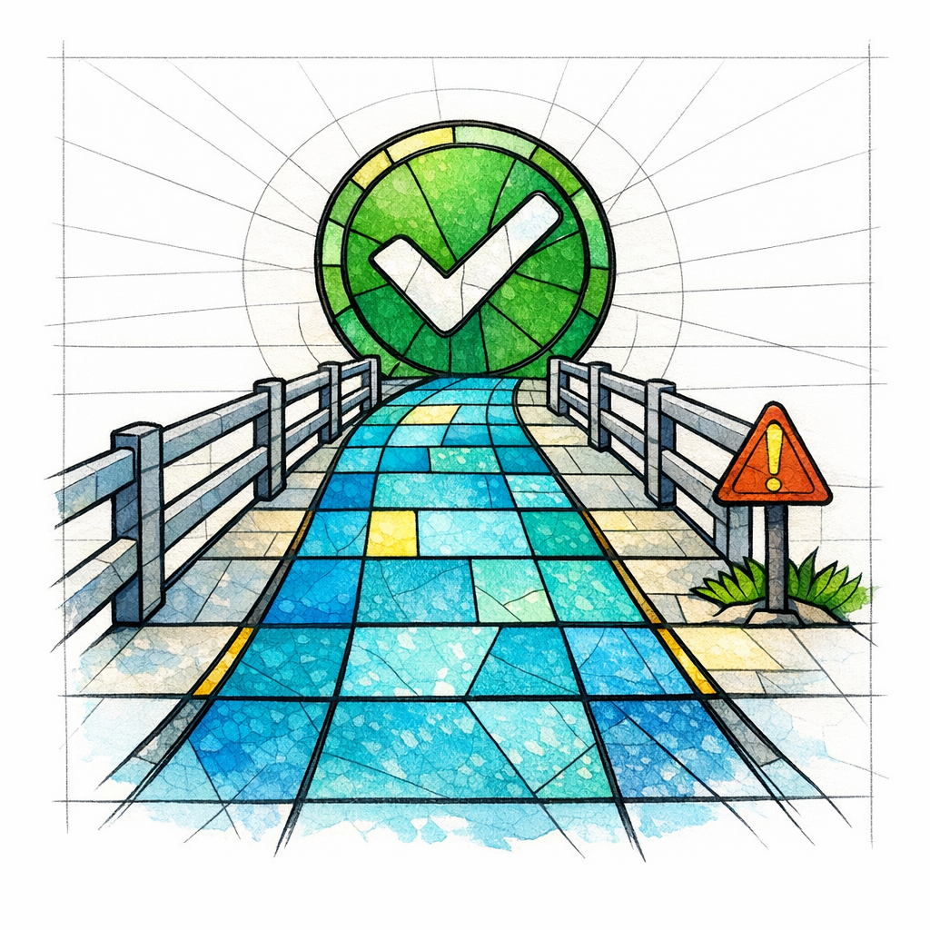 A stained-glass pathway with guardrails shows helpful content that stays within safety boundaries.