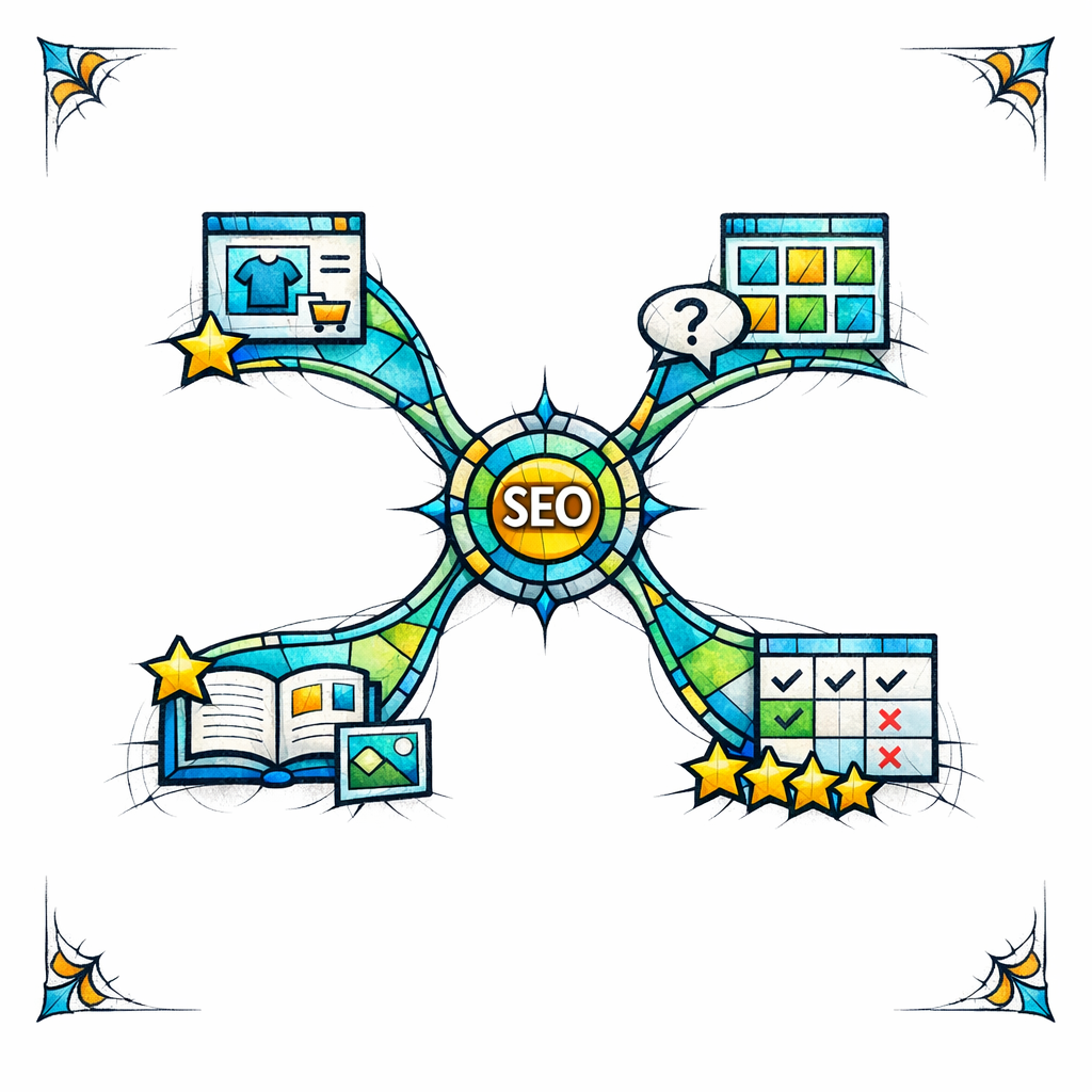 UGC themes connect via internal links to guides and subcategories like a sacred navigation map.