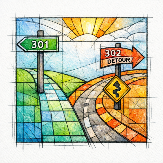Two stained-glass signposts compare a permanent path and a temporary detour in a simple SEO crossroads.