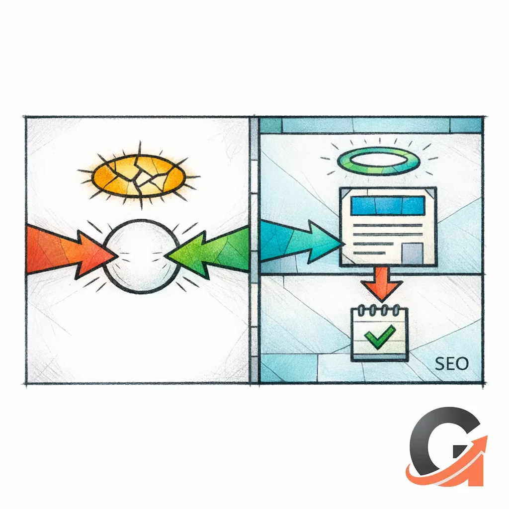 Two stained-glass arrows compete for one query, then separate into distinct lanes to stop cannibalization.