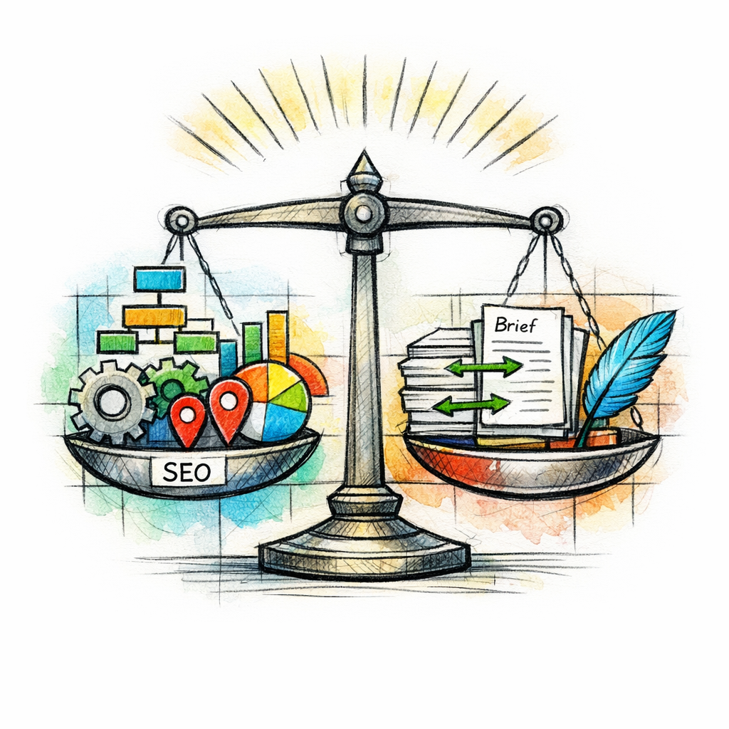 A balanced stained glass scale weighs broad SEO ownership against fast content production.