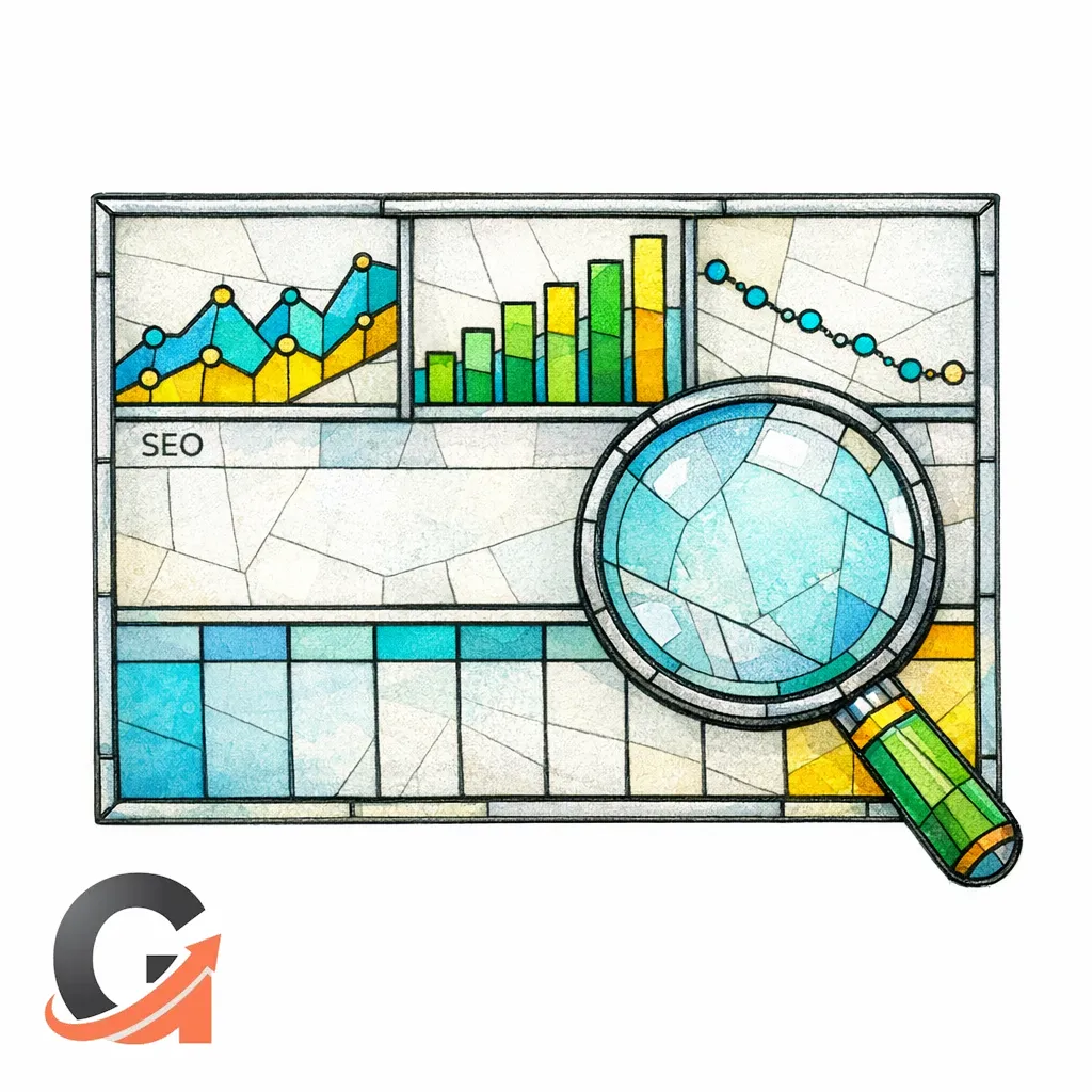 A stained-glass dashboard shows clicks, impressions, and position with a magnifying glass over a date range.