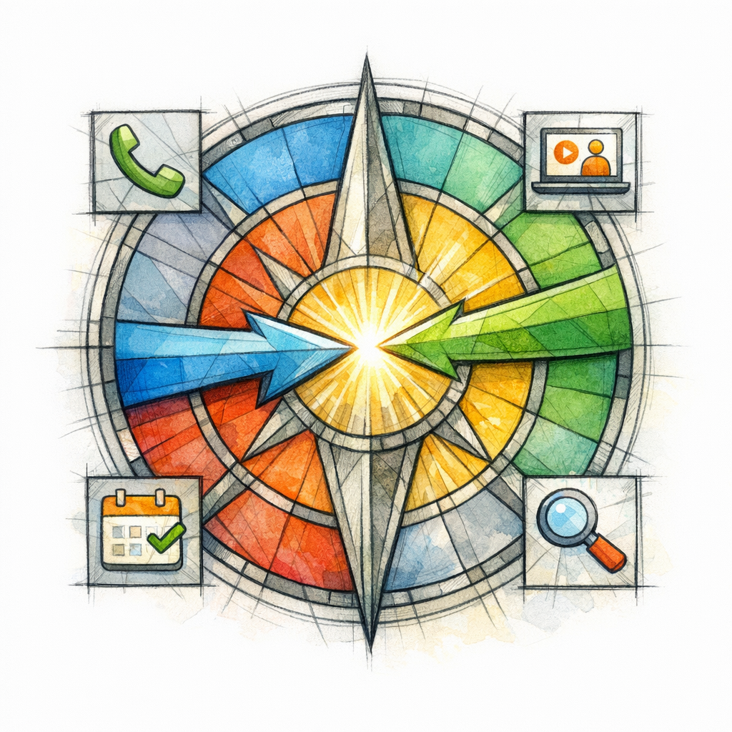 A sacred compass points one page toward one keyword and one buyer job in a clean white field.