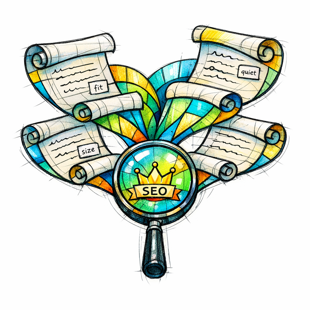 Scroll-like panes contain long-tail modifiers turning into a search results crown labeled SEO.