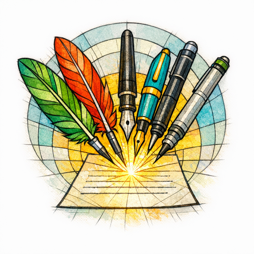 Distinct quills feed into one glowing stained-glass page to symbolize consistency across a multi-writer pipeline.