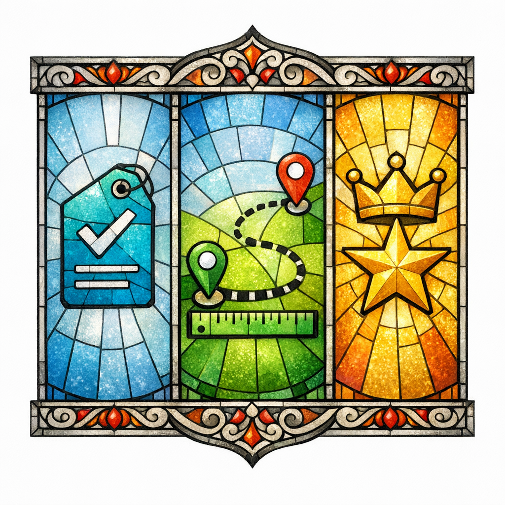 A three-panel stained glass triptych labeled by icons for relevance, distance, and prominence in a clean diagram layout.