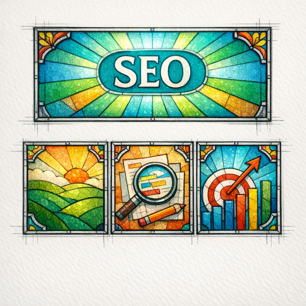 A stained-glass window frames a highlighted first-line answer panel above smaller supporting sections.