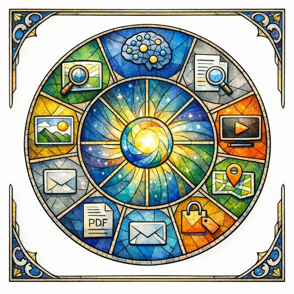 A stained glass compass map shows many search surfaces orbiting one content source.