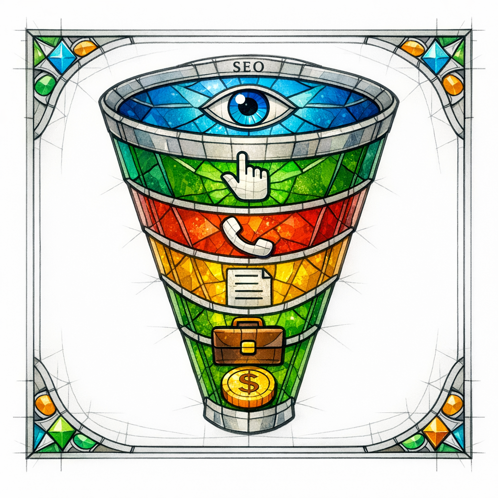 A stained-glass funnel turning search visibility into calls, forms, and revenue with simple icons on white.