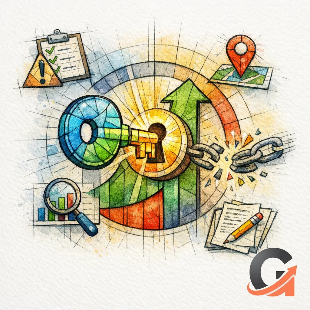 A stained glass key fits the true bottleneck, unlocking search growth with clarity.