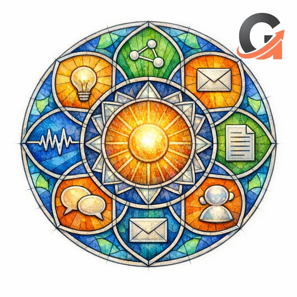 A balanced stained glass mandala unites every channel around one calm authoritative source.