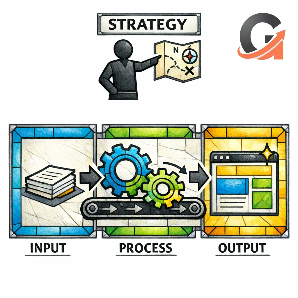 A stained-glass assembly line turns notes into polished pages while strategists focus on the bigger plan.