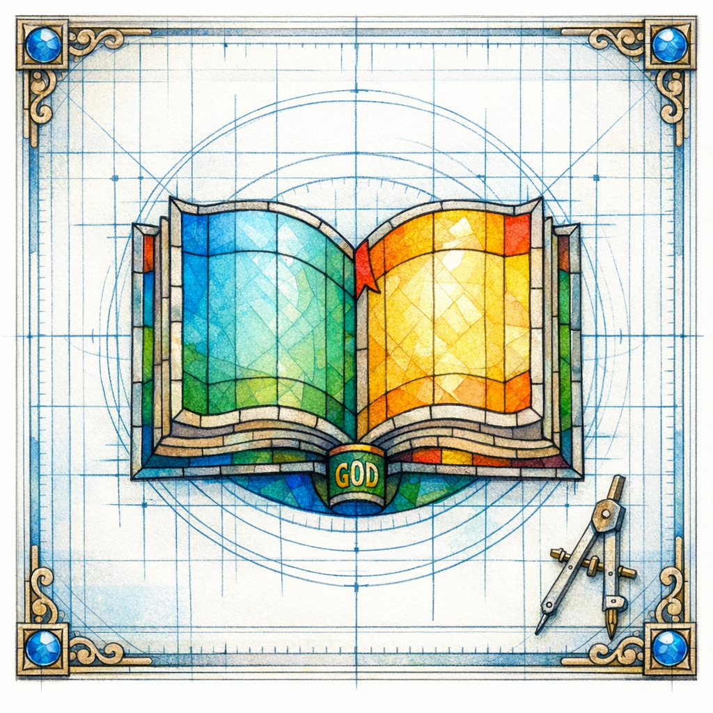 A stained-glass open book and blueprint overlay represent a repeatable FAQ system that ranks and deflects tickets.