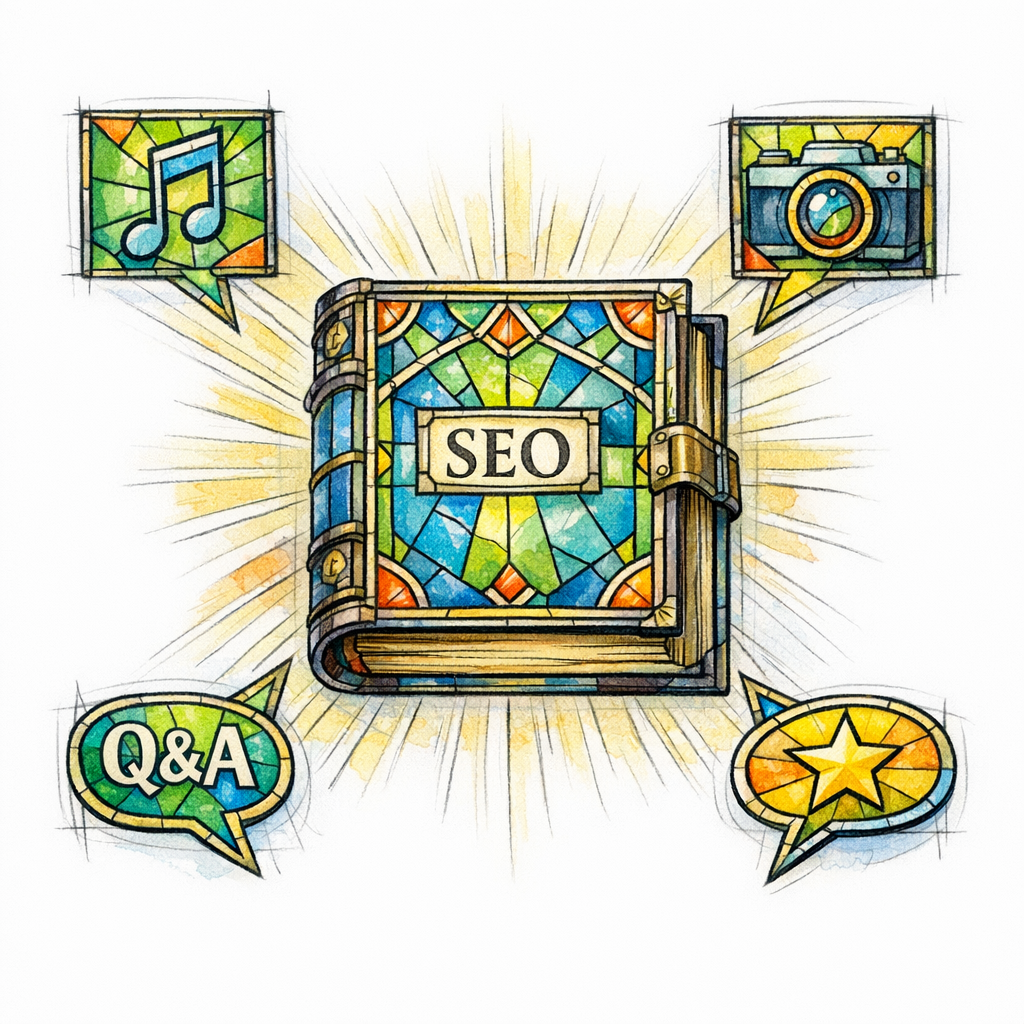 A stained-glass book with a small label reading SEO, radiating panes that represent posts, photos, Q&A, and reviews.