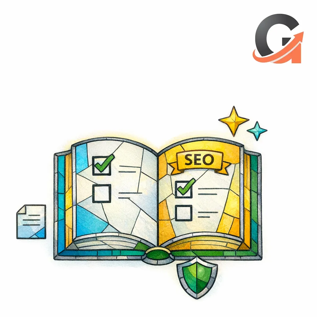 A sacred book icon opens to a checklist of UGC SEO steps for pages, schema, and moderation.