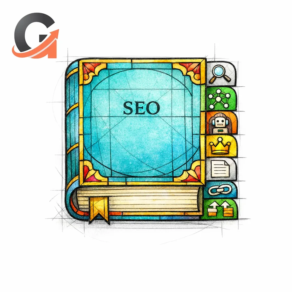 A stained-glass holy book with checklist tabs summarizes the changelog SEO system as a simple action guide.