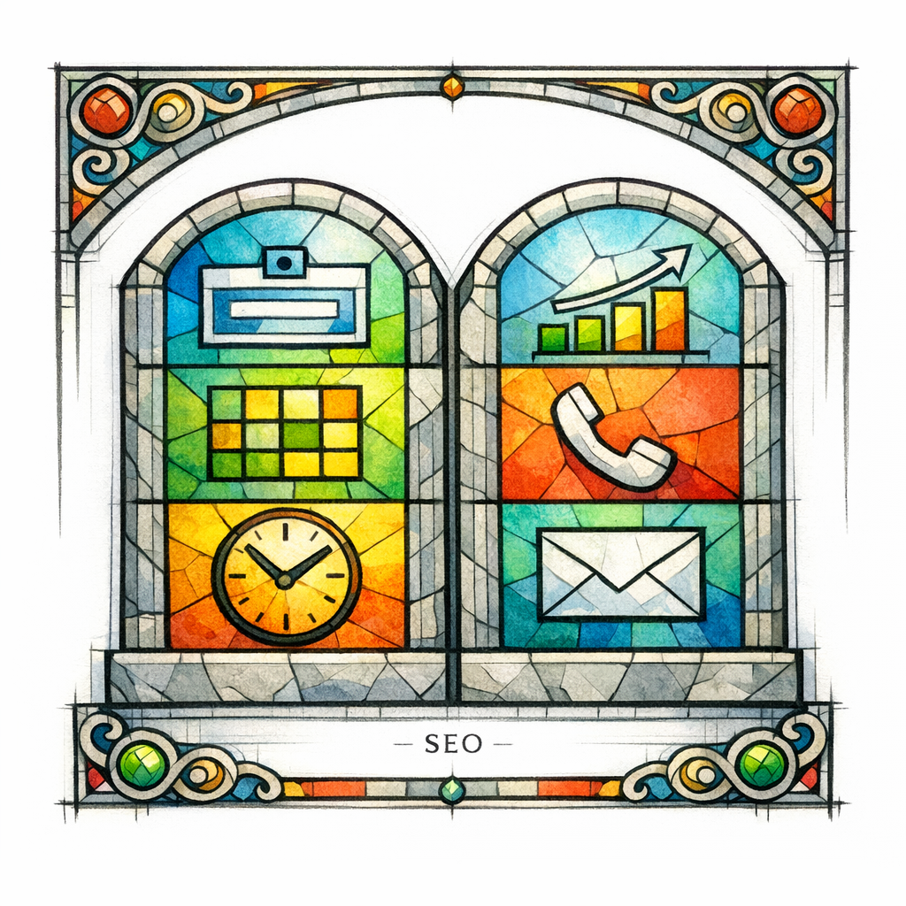 Stone tablets in stained-glass style showing icons for name, category, hours, and contact as a foundation checklist.