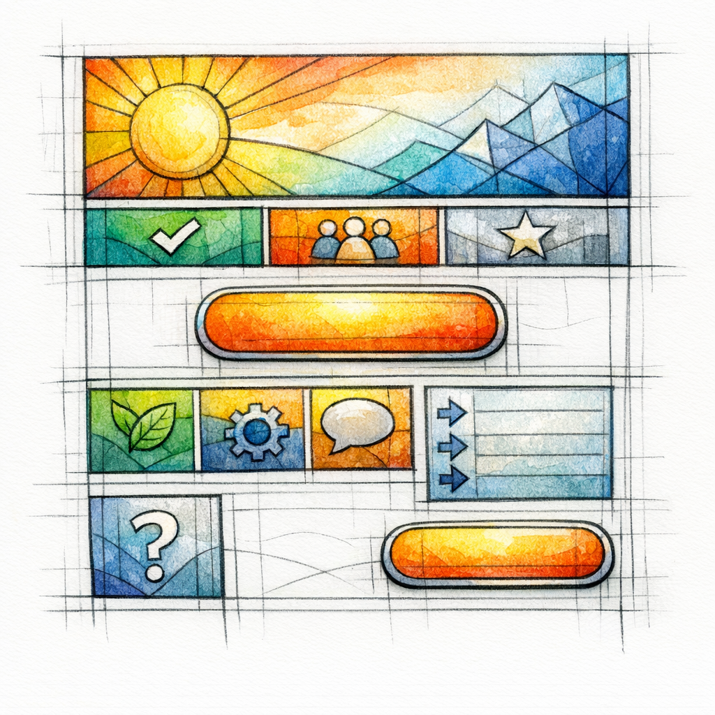 A page wireframe highlights a strong hero, fast proof, and visible CTA above the fold.