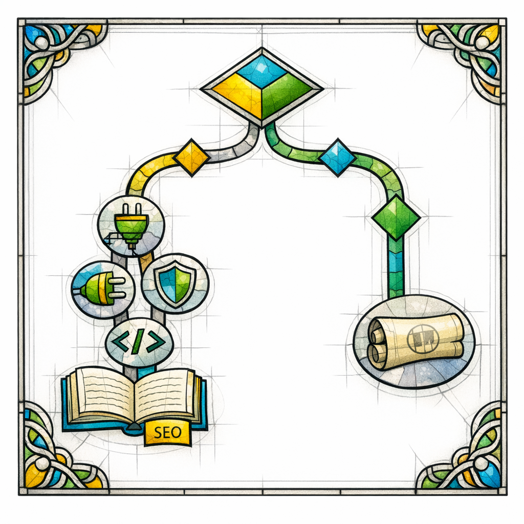 A stained-glass forked path shows helpful updates indexed and tiny micro-updates diverted away from search.
