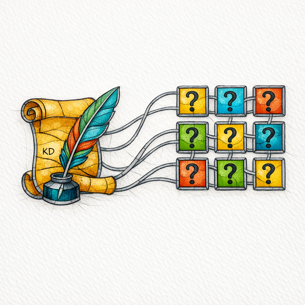 A quill and scroll turn into question tiles, showing intake language becoming an FAQ list.