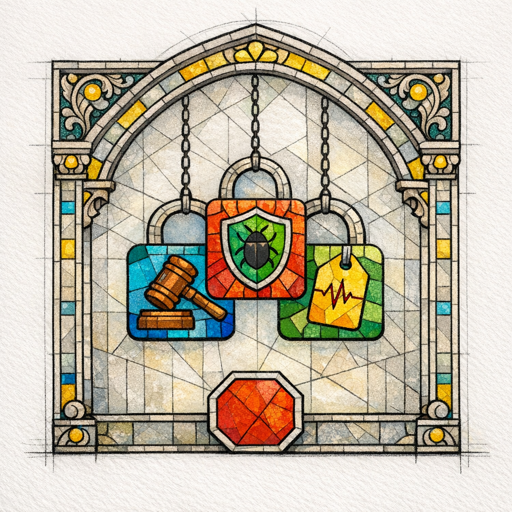 A stained-glass gate shows three locks for manual actions, security issues, and measurement checks.