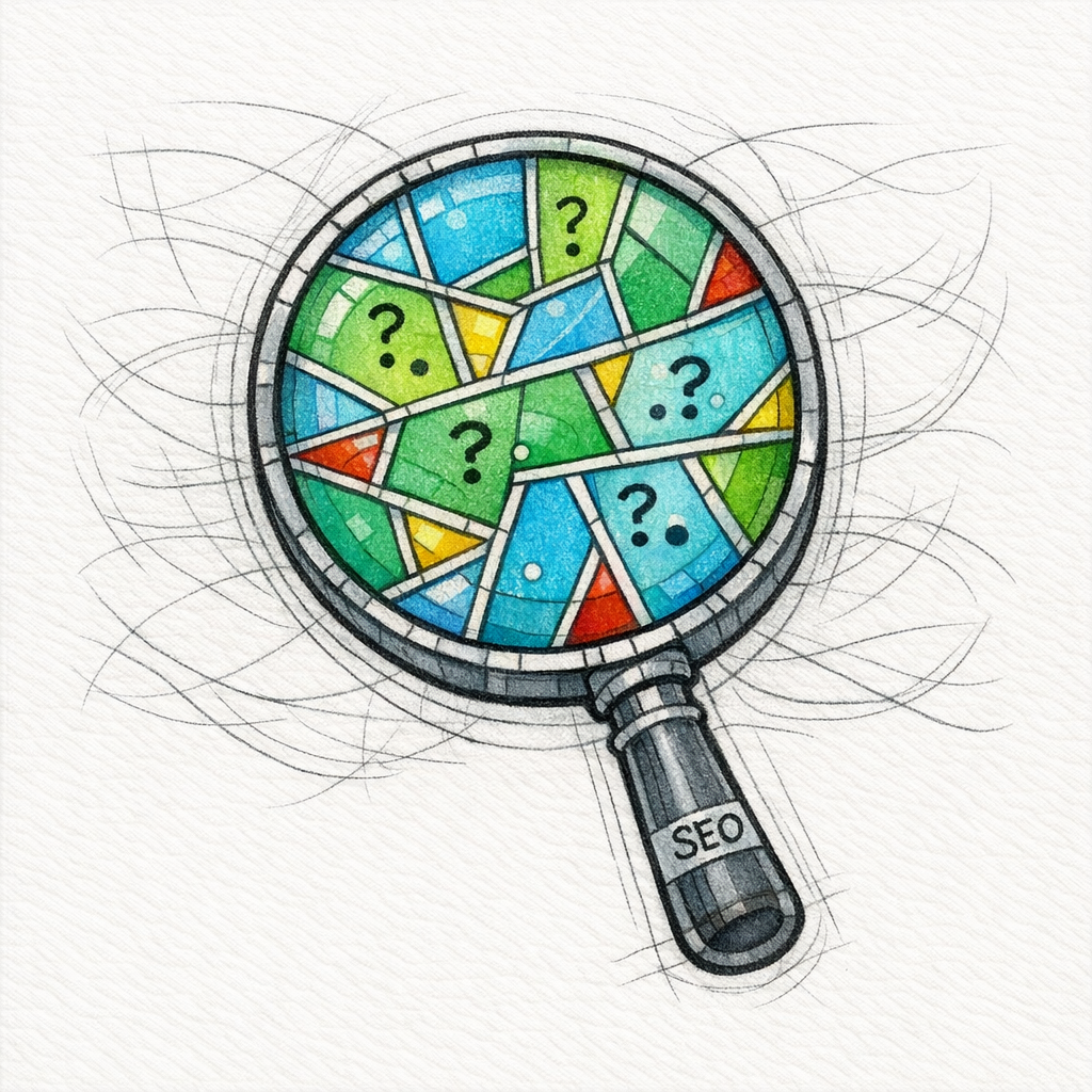 A stained-glass magnifying glass focusing on search queries instead of generic traffic lines on white.