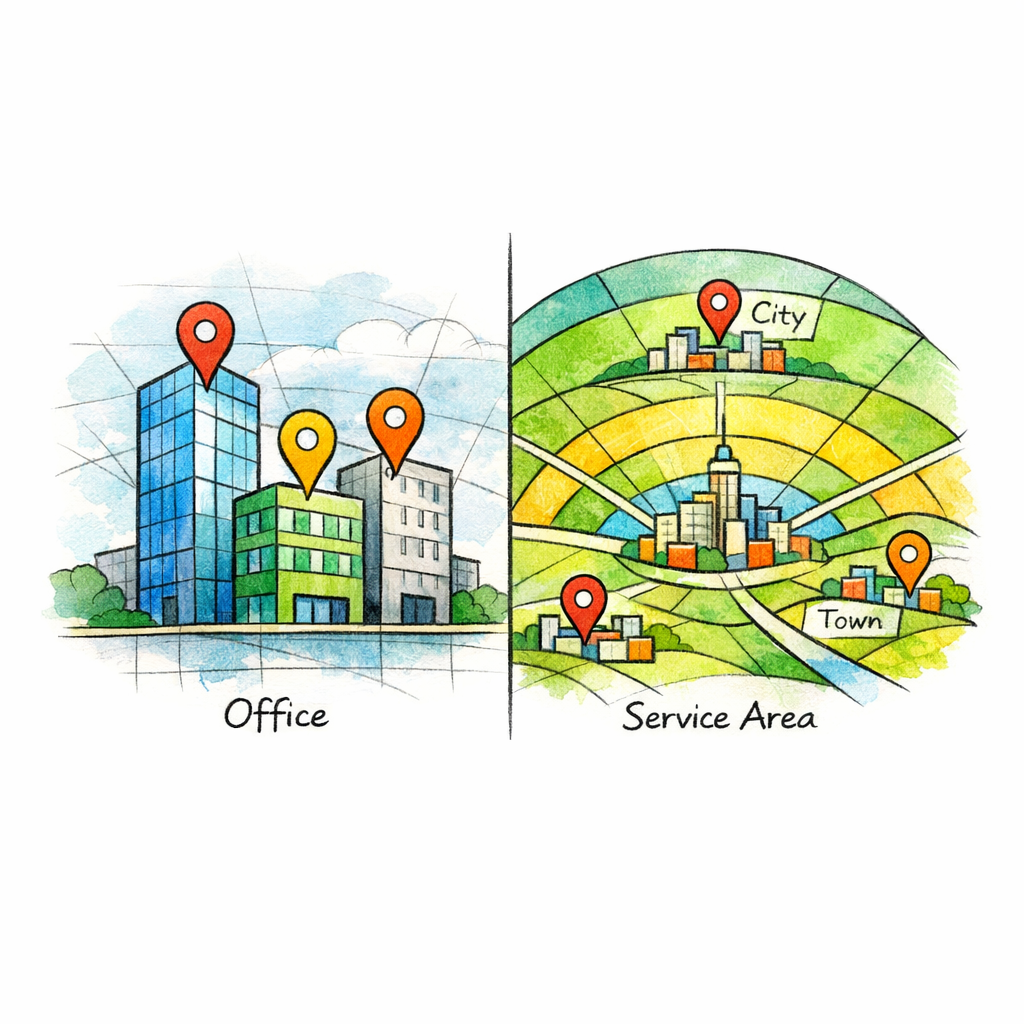 A split stained-glass diagram contrasts true office locations with honest service-area coverage on a map.
