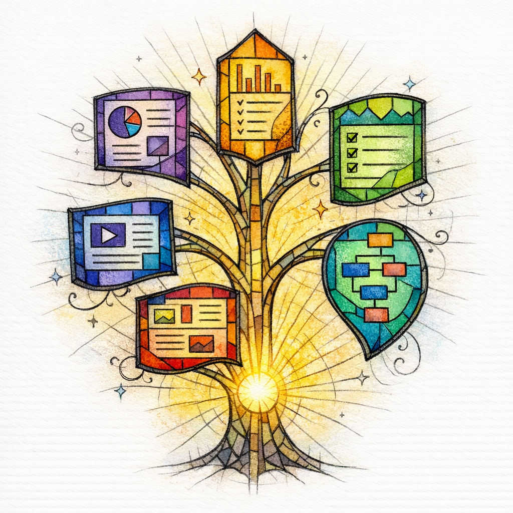 A branching stained-glass tree of pages stays distinct instead of repeating identical leaves.