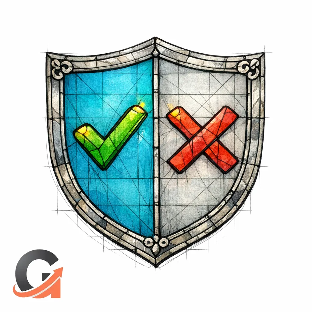 A stained-glass shield marks what the FAQ covers and what it does not, reducing risky overpromise.